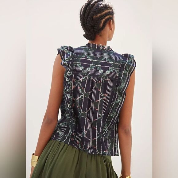 Pilcro Anthropologie Ruffled Buttondown Sleevless Top, sz SM EUC - Picture 8 of 15